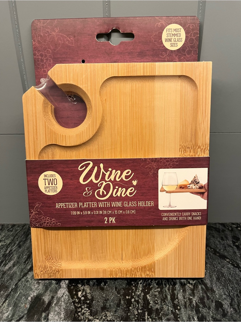 Bamboo Appetizer Platter with Wine Glass Holder - Set of 2
